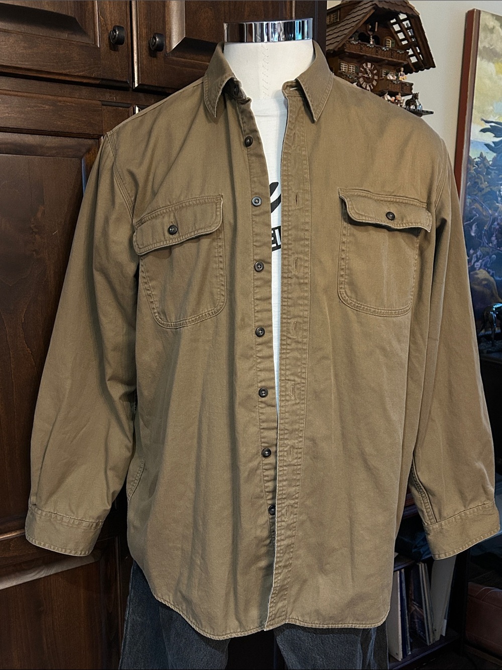 LL Bean Sz XL Olive Flannel lined Shacket Jacket